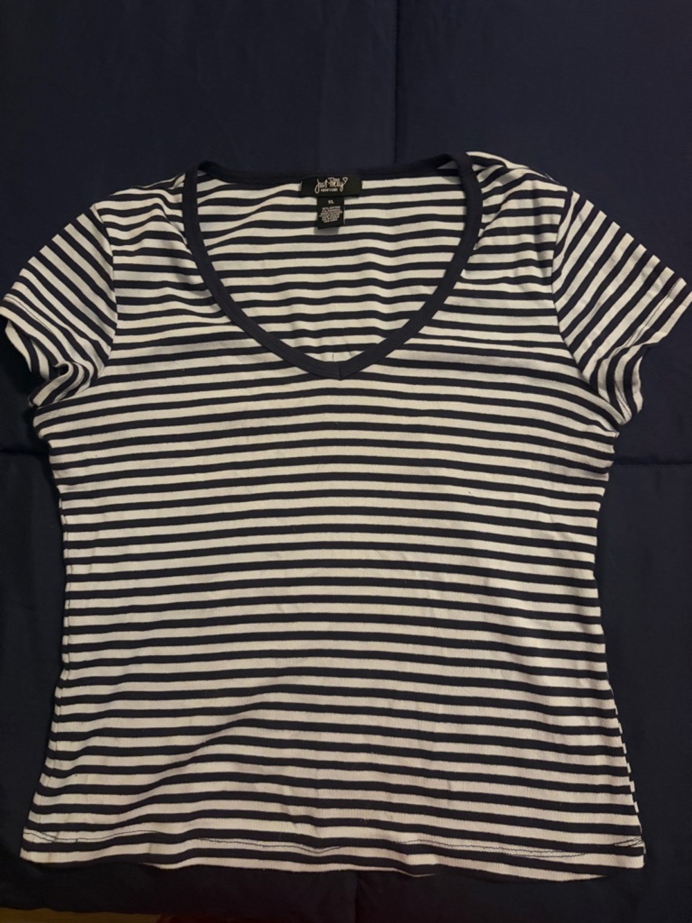 Just My Size Navy & White Striped V-Neck Cotton Tee